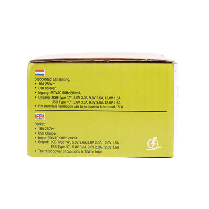 Stopcontact RA Inbouw Zwart met USB-A/C, 18W, 250VAC, 81x81x46mm.