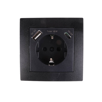 Stopcontact RA Inbouw Zwart met USB-A/C, 18W, 250VAC, 81x81x46mm.