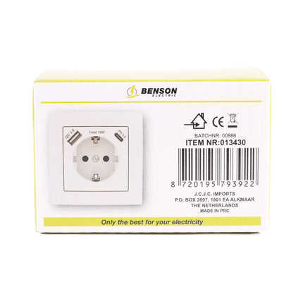 Stopcontact RA Inbouw 250V 16A met USB-A/C 18W Wit voor Opladen