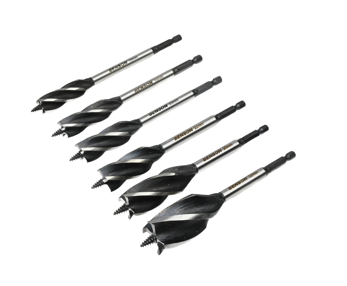 6-delige Houtspiraalboor Set 165 mm, 4 Voorsnijders, 6 Boordiameters