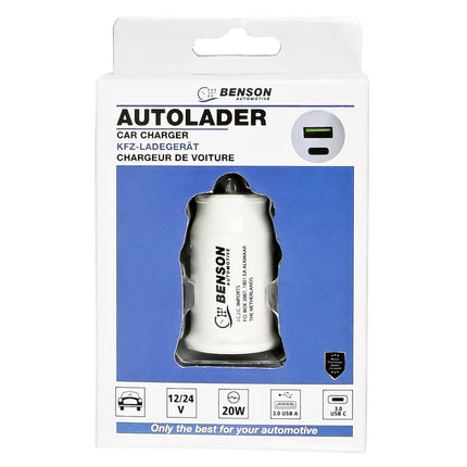 Autolader 12-24V, USB + USB-C, Oplaadt Smartphone & Tablet
