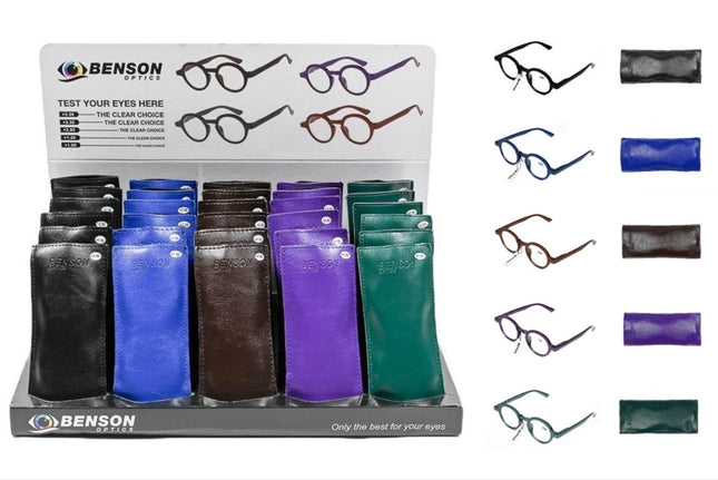 Leesbril rome + hoes mix display – Kleuren zwart, groen, paars, bruin, blauw