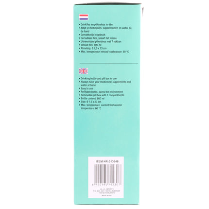 Drinkfles + pillendoos 600 ml mix – Inhoud fles 600 ml, Afmeting Ø 7,5 x 23 cm