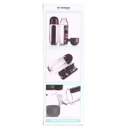 Drinkfles + pillendoos 600 ml mix – Inhoud fles 600 ml, Afmeting Ø 7,5 x 23 cm
