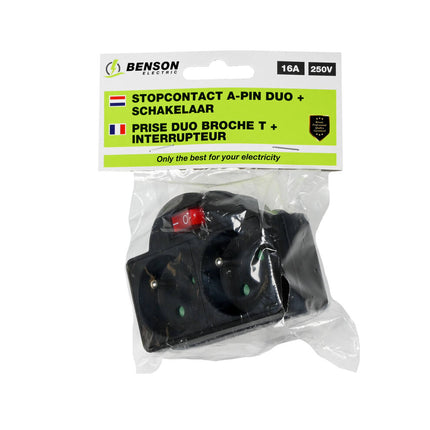 A-pin Stopcontact + Schakelaar Zwart 230V, Ideaal voor BE/FR Markt
