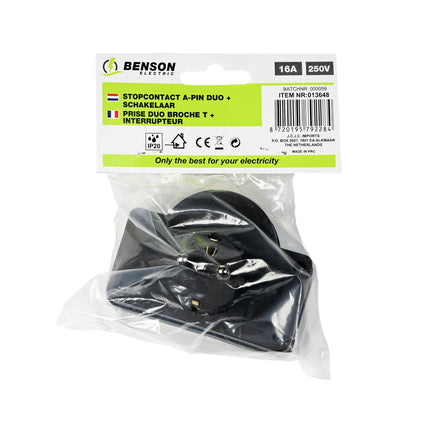 A-pin Stopcontact + Schakelaar Zwart 230V, Ideaal voor BE/FR Markt