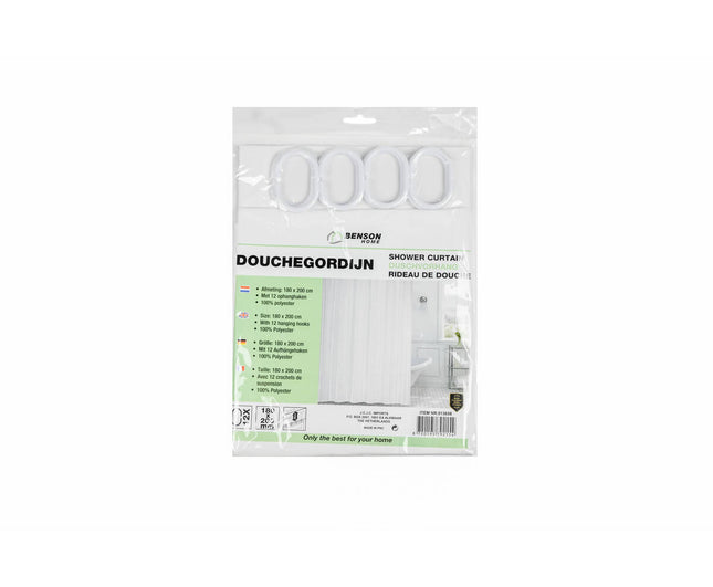 Douchegordijn 180x200 cm Wit met 12 Ophanghaken - 100% Polyester