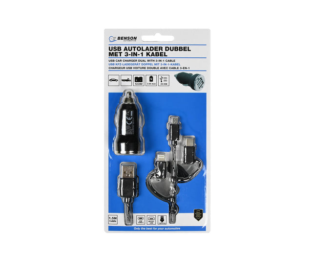 Autolader 2.4A 12-24V met 1.5m 3-in-1 Kabel voor Auto's en Trucks