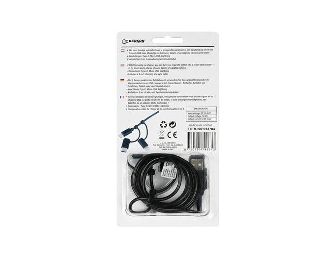 Autolader 2.4A 12-24V met 1.5m 3-in-1 Kabel voor Auto's en Trucks