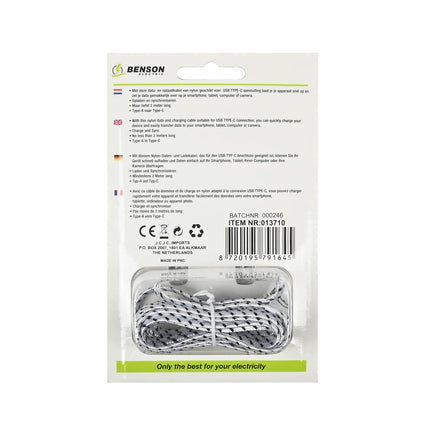 2m Nylon USB-C Kabel, 2.1A, 5V, voor Smartphones en Laptops