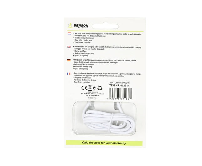 USB Lightning Kabel 1m, 5V, 2.1A, voor iPhone/iPad Opladen & Sync
