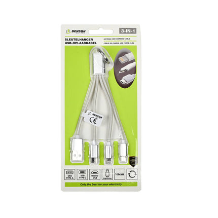 3-in-1 USB Kabel Sleutelhanger, 13 cm, Type-C/Micro-USB/Lightning