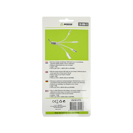 3-in-1 USB Kabel Sleutelhanger, 13 cm, Type-C/Micro-USB/Lightning