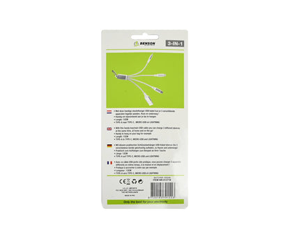3-in-1 USB Kabel Sleutelhanger, 13 cm, Type-C/Micro-USB/Lightning