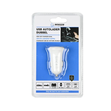 Autolader 3A, USB A + C, 12-24V voor auto en vrachtwagen.