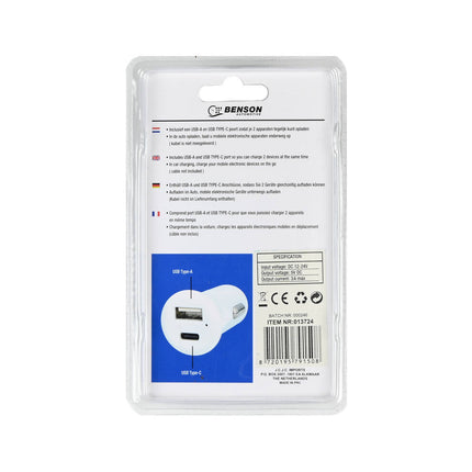 Autolader 3A, USB A + C, 12-24V voor auto en vrachtwagen.