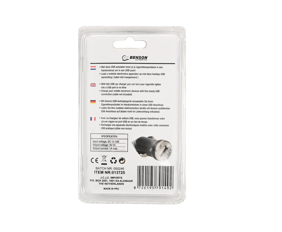Autolader USB 1A 12-24V, Laad Apparaten Tijdens Rijden
