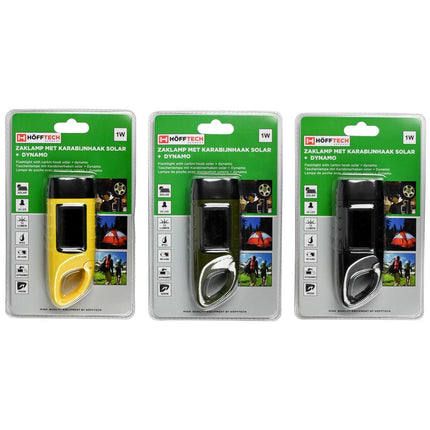 Solar Zaklamp 1W met Karabijnhaak, Dynamo, LED 12 Lumen, 124mm