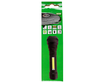 Oplaadbare 1W LED & 3W COB Zaklamp, 162x49mm, USB, Zwart