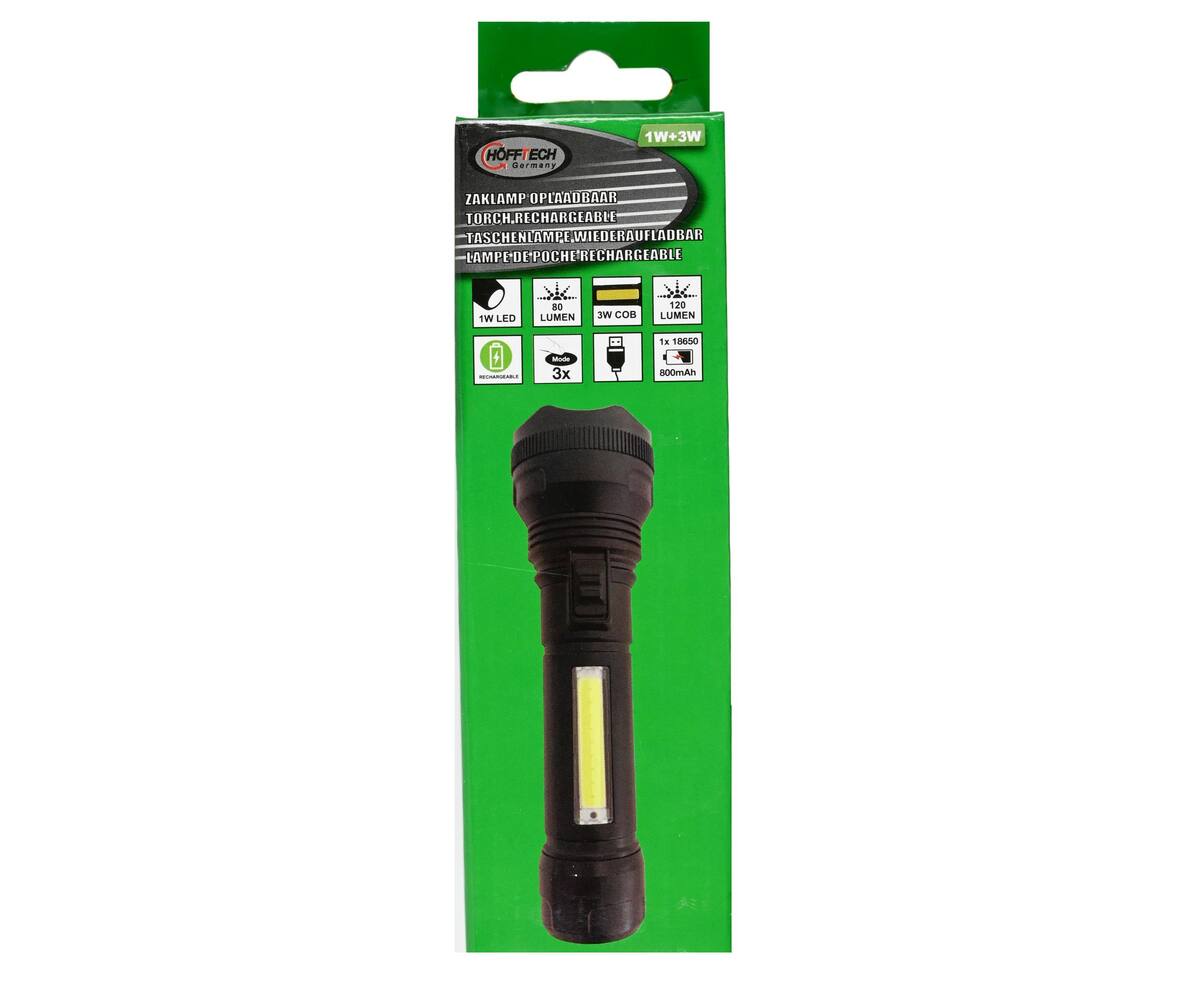 Oplaadbare 1W LED & 3W COB Zaklamp, 162x49mm, USB, Zwart