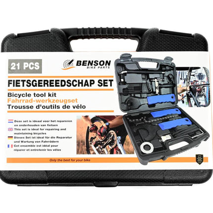 Fietsgereedschapset 21-delig: Inclusief kettingzweep, pedaalspanner.