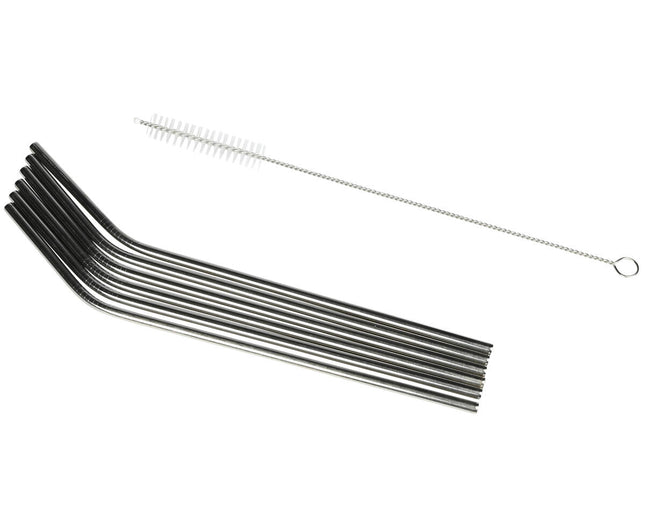 Set van 6 RVS Gebogen Rietjes 22,5 cm + Reinigingsborstel, FDA Goedgekeurd