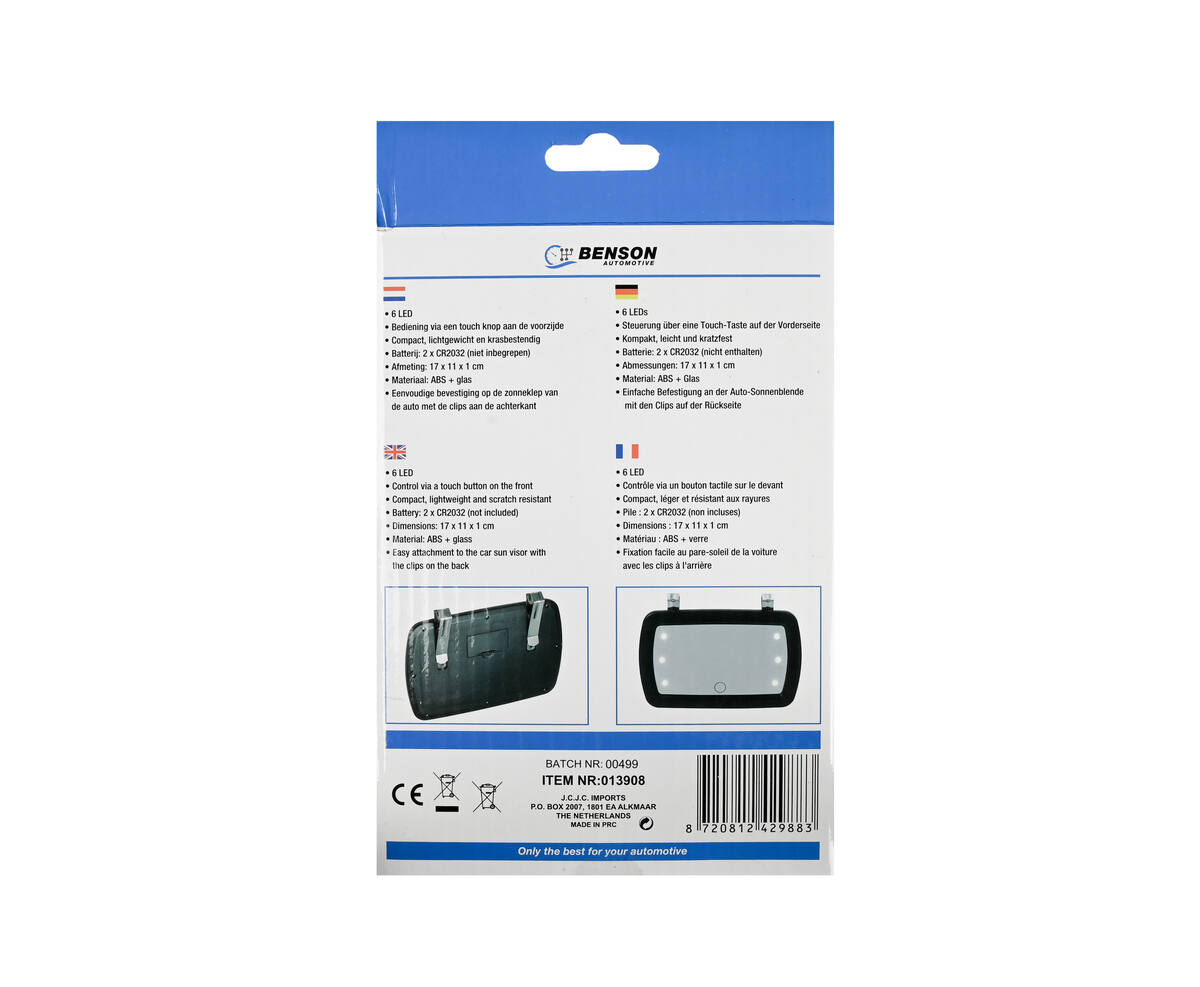 Auto Make-up Spiegel 6 LED, Touch, Compact, Zonneklep Bevestiging