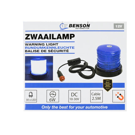 Blauwe LED Zwaailamp 12V, Magnetisch, 30 LEDs, 6W, 123x95x108mm