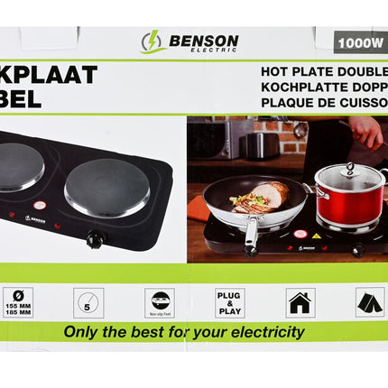 Kookplaat dubbel zwart 1000/1500W – Diameter kookplaat 1 15,5 cm, Vermogen 1000 en 1500 W