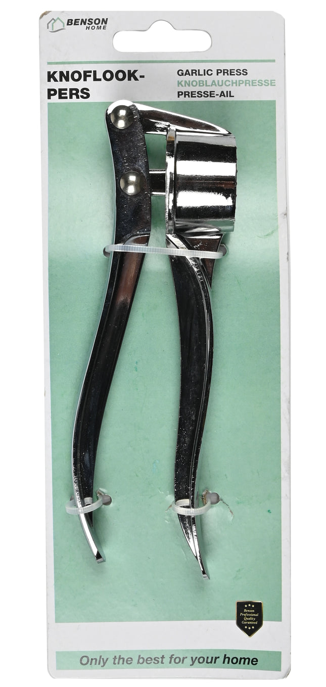Knoflookpers – Afmeting pers Ø3 x 2 cm, Totale lengte 14,5 cm, Materiaal roestvrijstaal