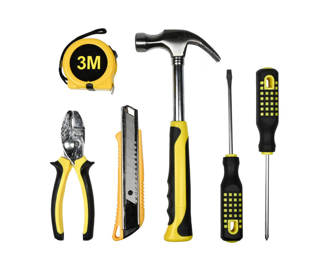 Gereedschapsset 6-delig: Tang, meetlint, schroevendraaiers, hamer, mes.