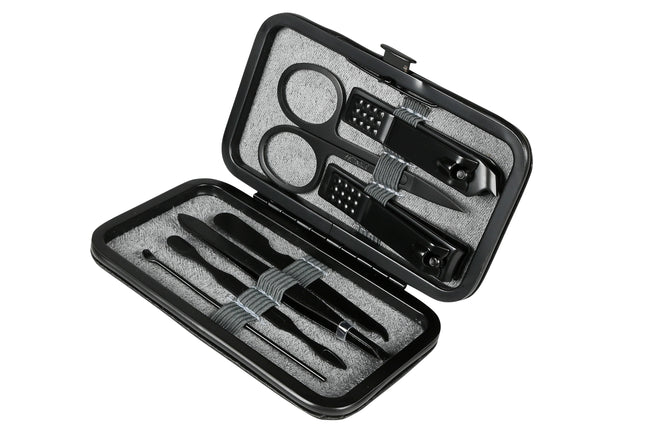 Manicure set 7 dlg zwart – Afmeting etui 10,8 x 6,4 x 1,3 cm, Materiaal RVS, 1,3 cm