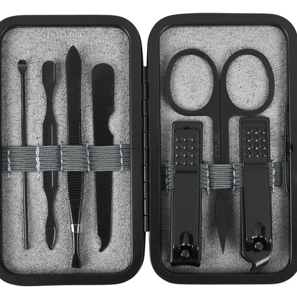 Manicure set 7 dlg zwart – Afmeting etui 10,8 x 6,4 x 1,3 cm, Materiaal RVS, 1,3 cm
