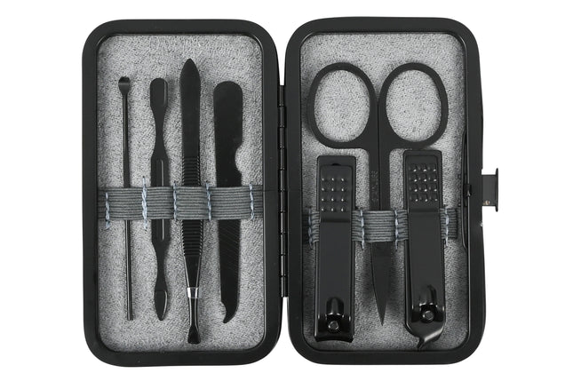 Manicure set 7 dlg zwart – Afmeting etui 10,8 x 6,4 x 1,3 cm, Materiaal RVS, 1,3 cm