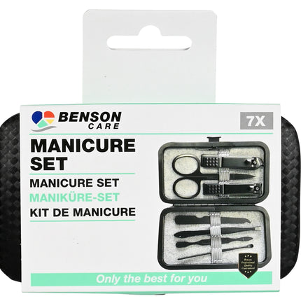 Manicure set 7 dlg zwart – Afmeting etui 10,8 x 6,4 x 1,3 cm, Materiaal RVS, 1,3 cm