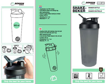 Shakebeker 600 ml – Inhoud 600 ml, Afmeting 23 x 7 cm, Materiaal PP + PE, 7 cm