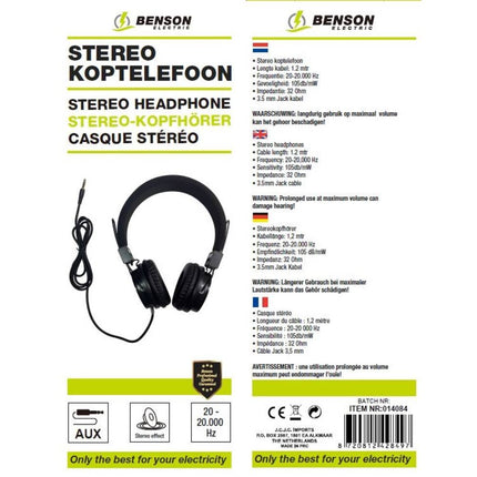 Stereo Koptelefoon 20-20.000Hz, 105 dB/mW, 1.2m Kabel, 32 Ohm, Muziek.