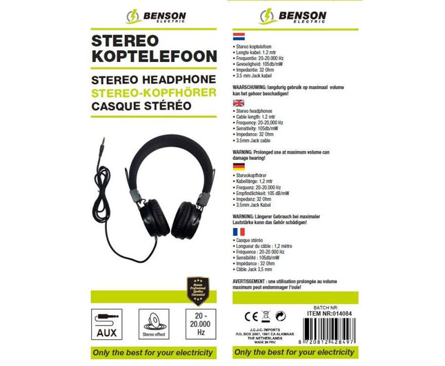 Stereo Koptelefoon 20-20.000Hz, 105 dB/mW, 1.2m Kabel, 32 Ohm, Muziek.