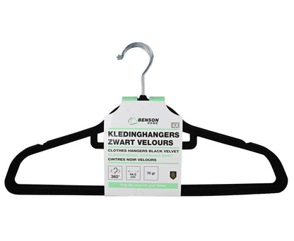 Zwarte Velours Kledinghangers 4 stuks met Anti-slip en 360° Haak