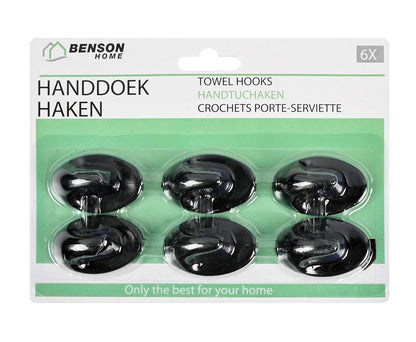 Handdoekhaken 6 dlg Zwart, L48xB30xH20mm, Zelfklevend, Voor Badkamer