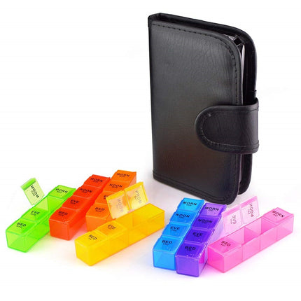 Pillendoos in etui 7 dagen 4 vakken – Afmetingen 19 x 14 x 3,5 cm, Materiaal kunststof