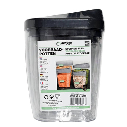 4-delige Voorraadpotten Set: BPA-vrij, 1.25L tot 0.50L, luchtdicht.