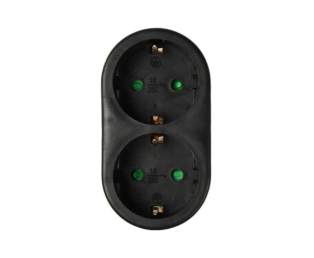 Zwarte Duo Stekker Verloop RA, 16A/250V, 3500W voor Thuis & Kantoor.
