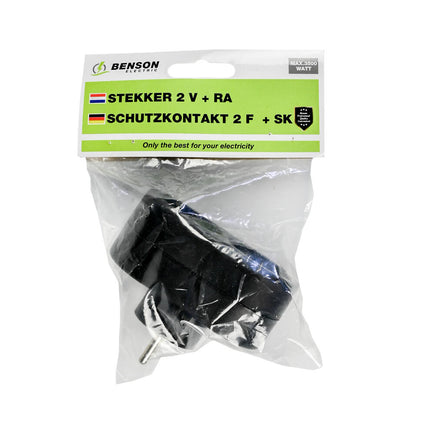Zwarte Duo Stekker Verloop RA, 16A/250V, 3500W voor Thuis & Kantoor.