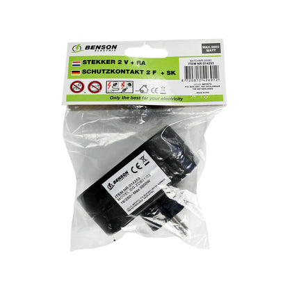Zwarte Duo Stekker Verloop RA, 16A/250V, 3500W voor Thuis & Kantoor.