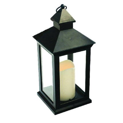 Lantaarn met LED Kaars, 10.5x10.5x24cm, Mix Zwart/Koper, Binnen/Buiten