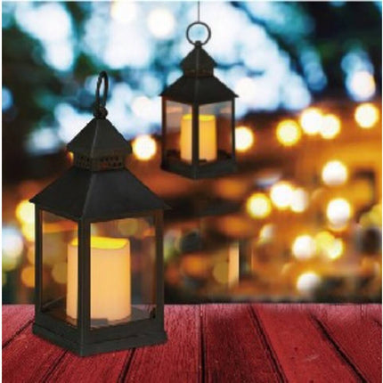 Lantaarn met LED Kaars, 10.5x10.5x24cm, Mix Zwart/Koper, Binnen/Buiten