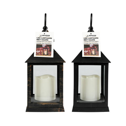 Lantaarn met LED Kaars, 10.5x10.5x24cm, Mix Zwart/Koper, Binnen/Buiten