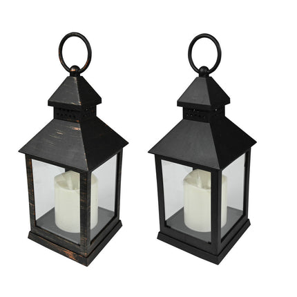 Lantaarn met LED Kaars, 10.5x10.5x24cm, Mix Zwart/Koper, Binnen/Buiten
