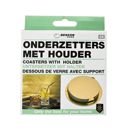 Gouden RVS Onderzetters 8,5 cm, Set van 6 met Houder voor Tafels